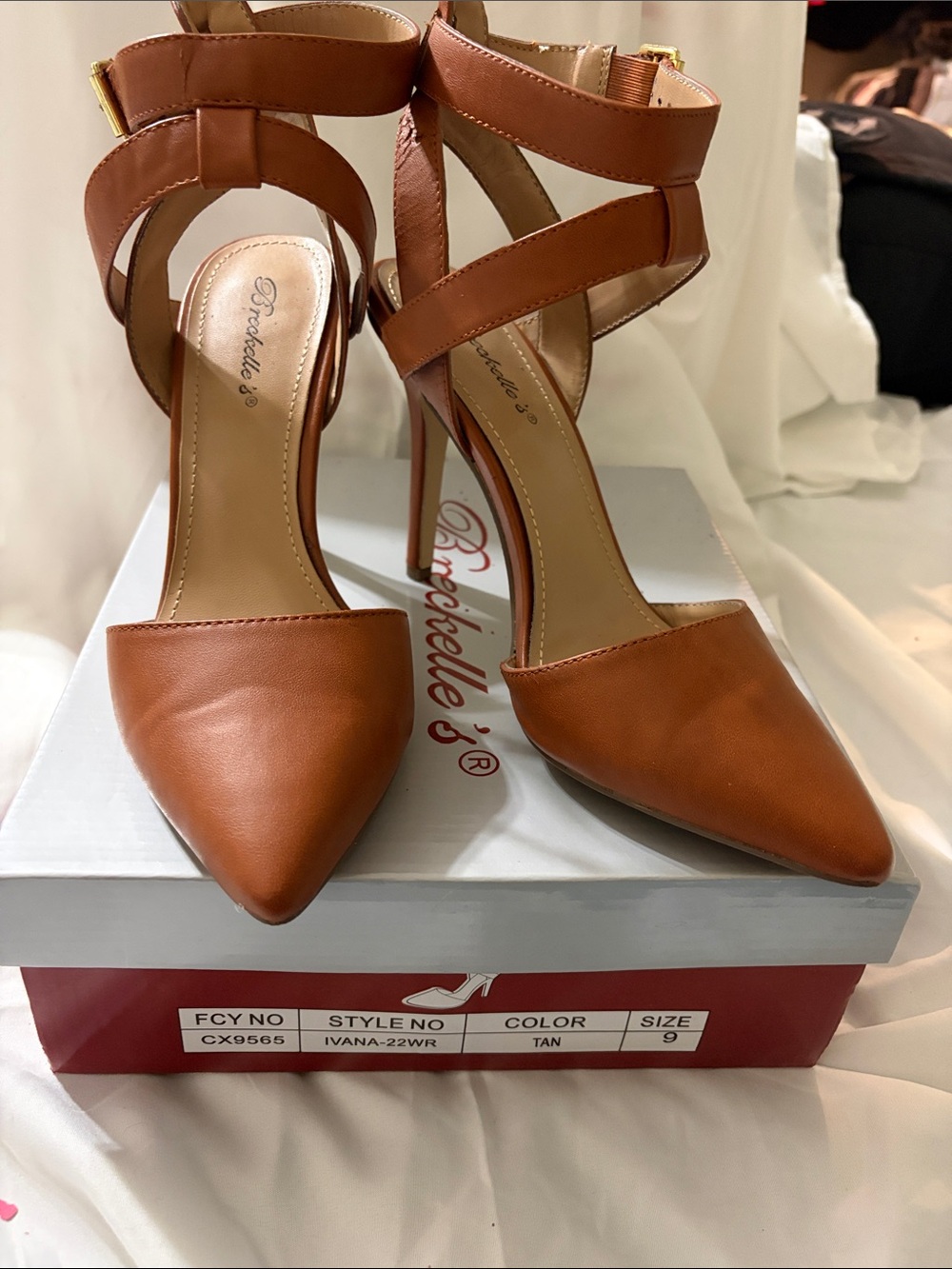 Breckelles Tan Pointed Ankle-Strap Stiletto Heels